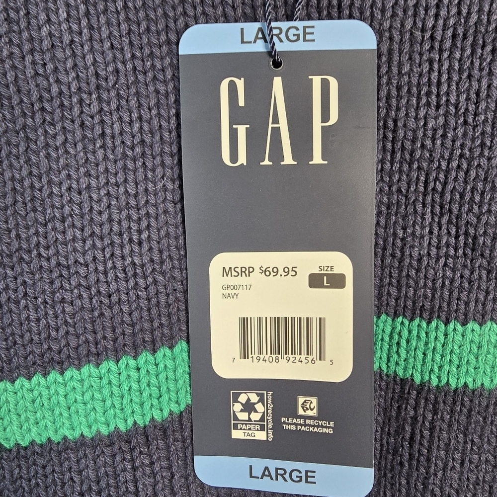 NWT GAP Women's Crewneck Navy With Green Stripe Cotton Sweater Size L Preppy - Picture 4 of 10